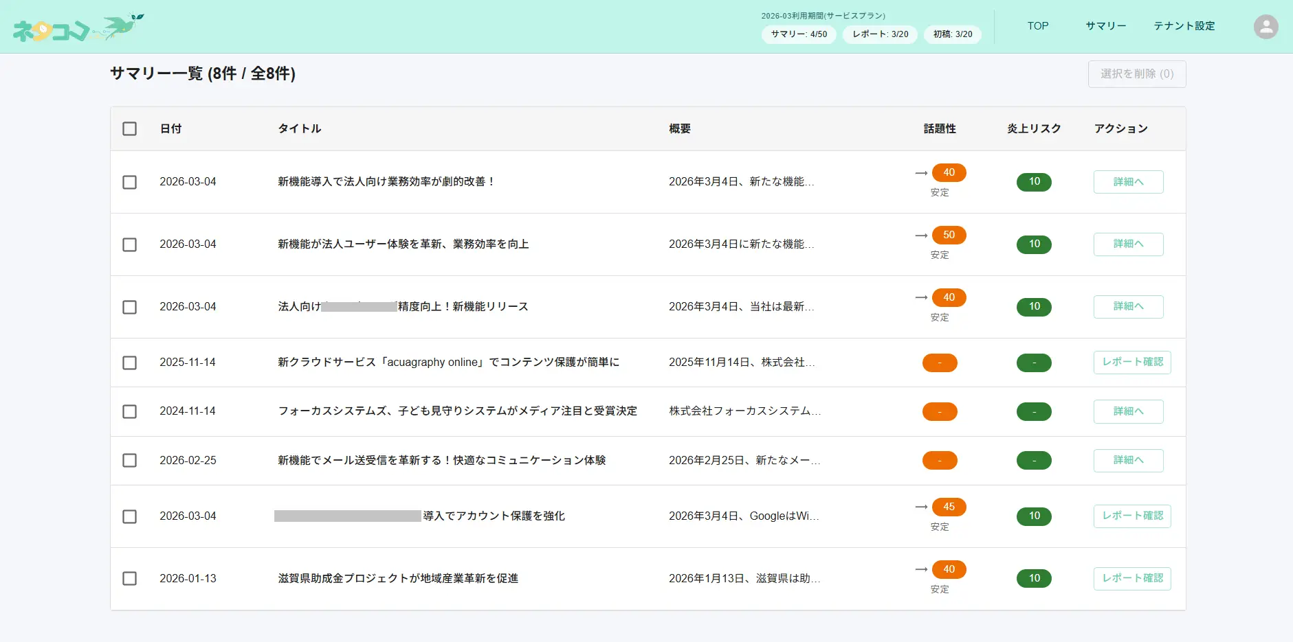 ネタココのサマリー一覧画面