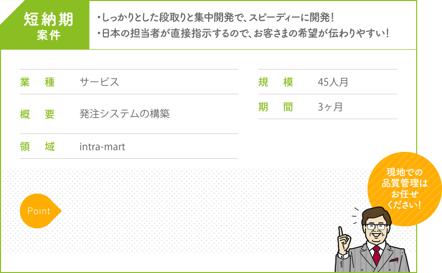 短納期案件 ・しっかりとした段取りと集中開発で、スピーディーに開発！・日本の担当者が直接指示するので、お客さまの希望が伝わりやすい！ 業種 サービス 概要 発注システムの構築 領域 intra-mart 規模 45人月 期間 3ヶ月 現地での品質管理はお任せください！