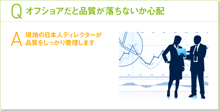 Q.オフショアだと品質が落ちないか心配 A.現地の日本人ディレクターが品質をしっかり管理します